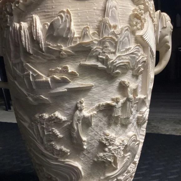 Intricately Carved Bone Elephant-Handle Decorative Vase